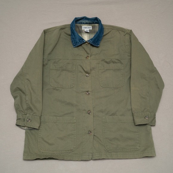 Other - Vintage 80s 90s Olive Green Chore Barn Coat Denim Collar Flannel Lined Womans XL